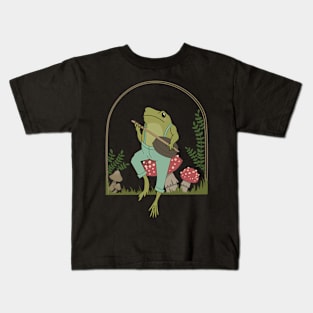 Frog Cottagecore Aesthetic Frog Playing Banjo On Mushroom Kids T-Shirt